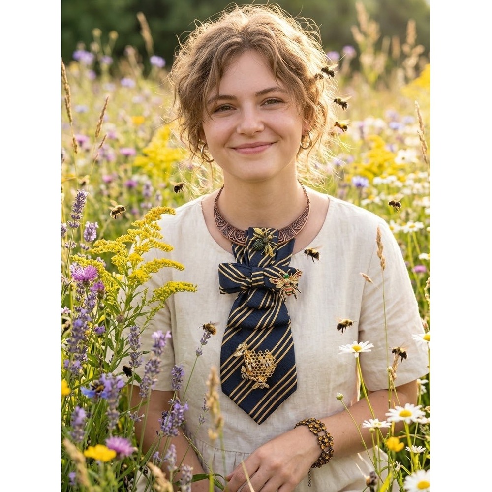 Via Veneto Italy Silk Tie Bee Statement Necklace Set Bracelet Earrings Navy Gold